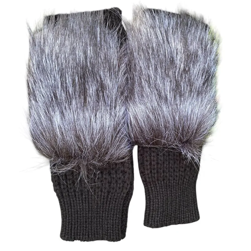 NWT New Adrienne Landau Black Faux Fur Fingerless Gloves/Wrist Warmers OS Winter